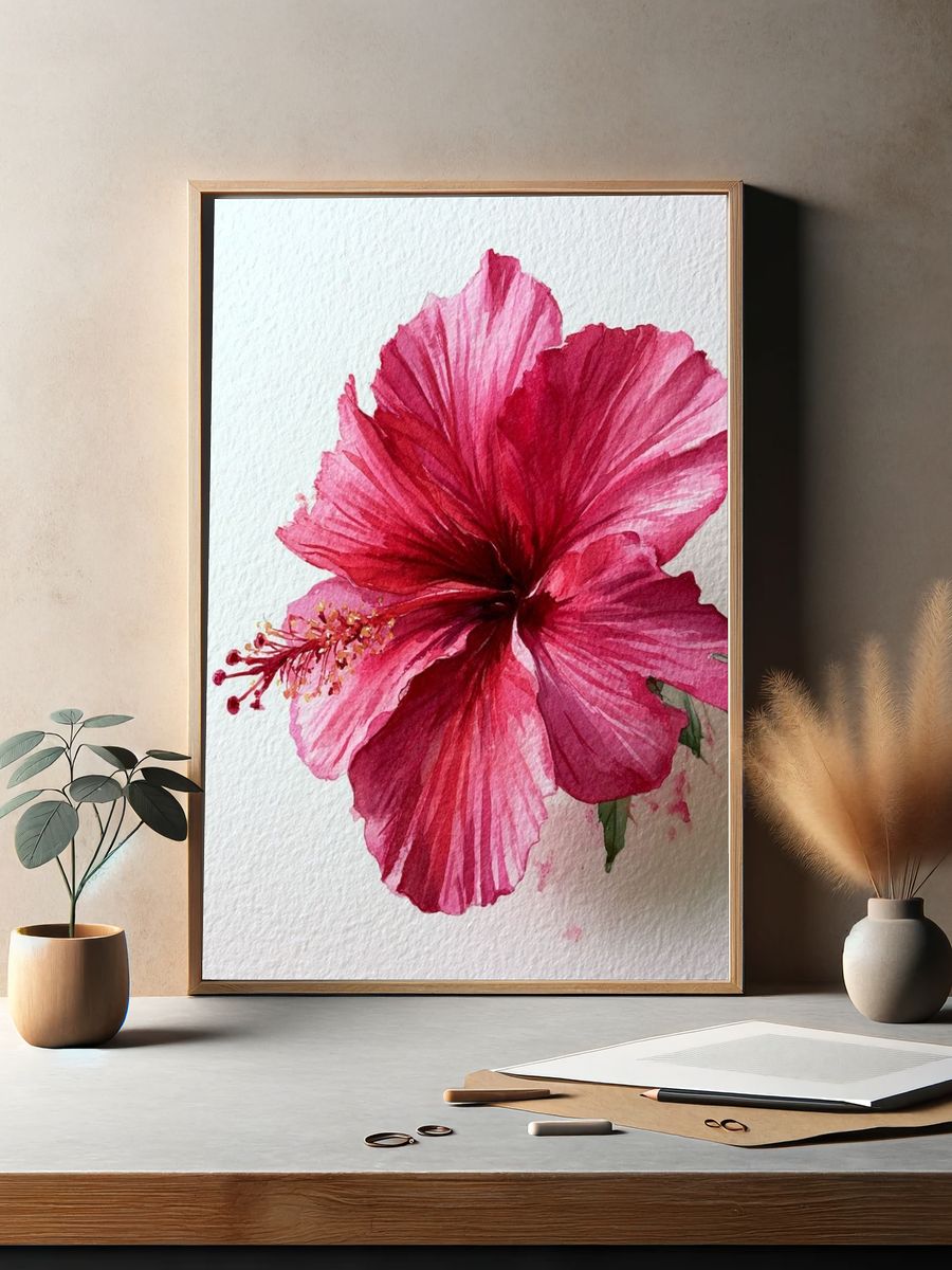 Pink Hibiscus Watercolor Poster. — room view 2