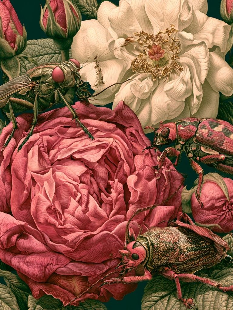 Roses and Beetles Botanical Print. poster detail