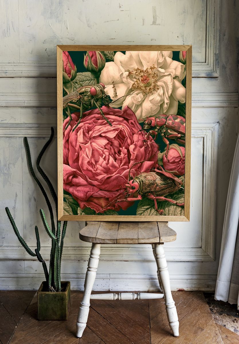 Roses and Beetles Botanical Print. — room view 1