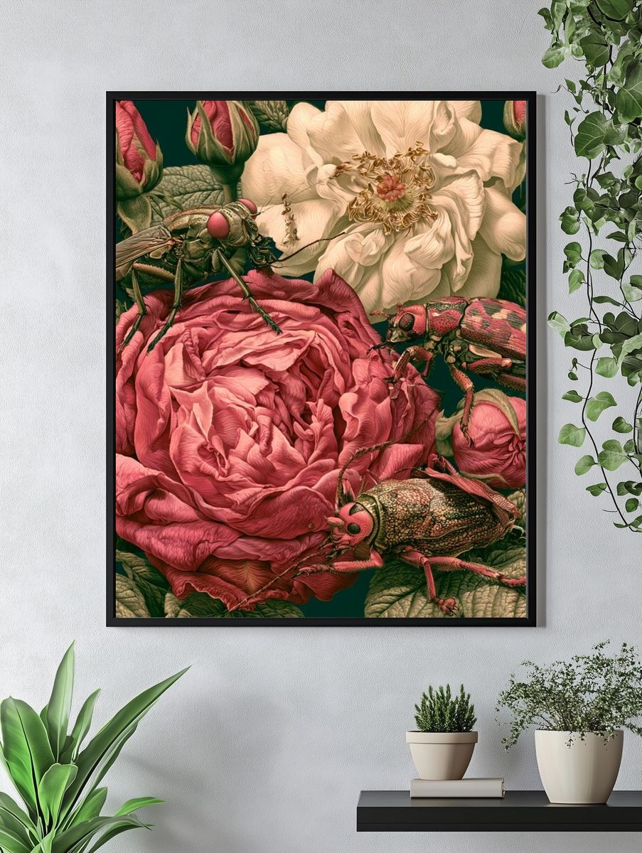 Roses and Beetles Botanical Print. — room view 4