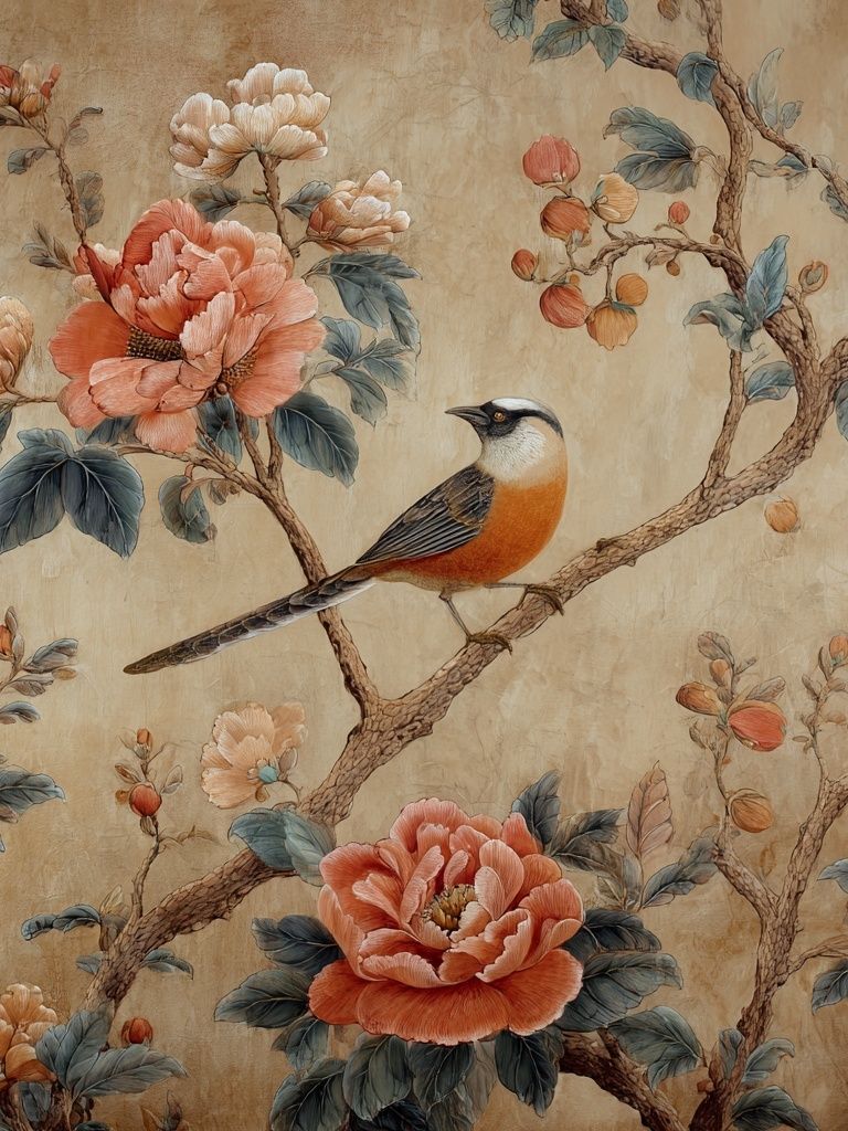 Bird and Peonies Botanical Print. poster detail