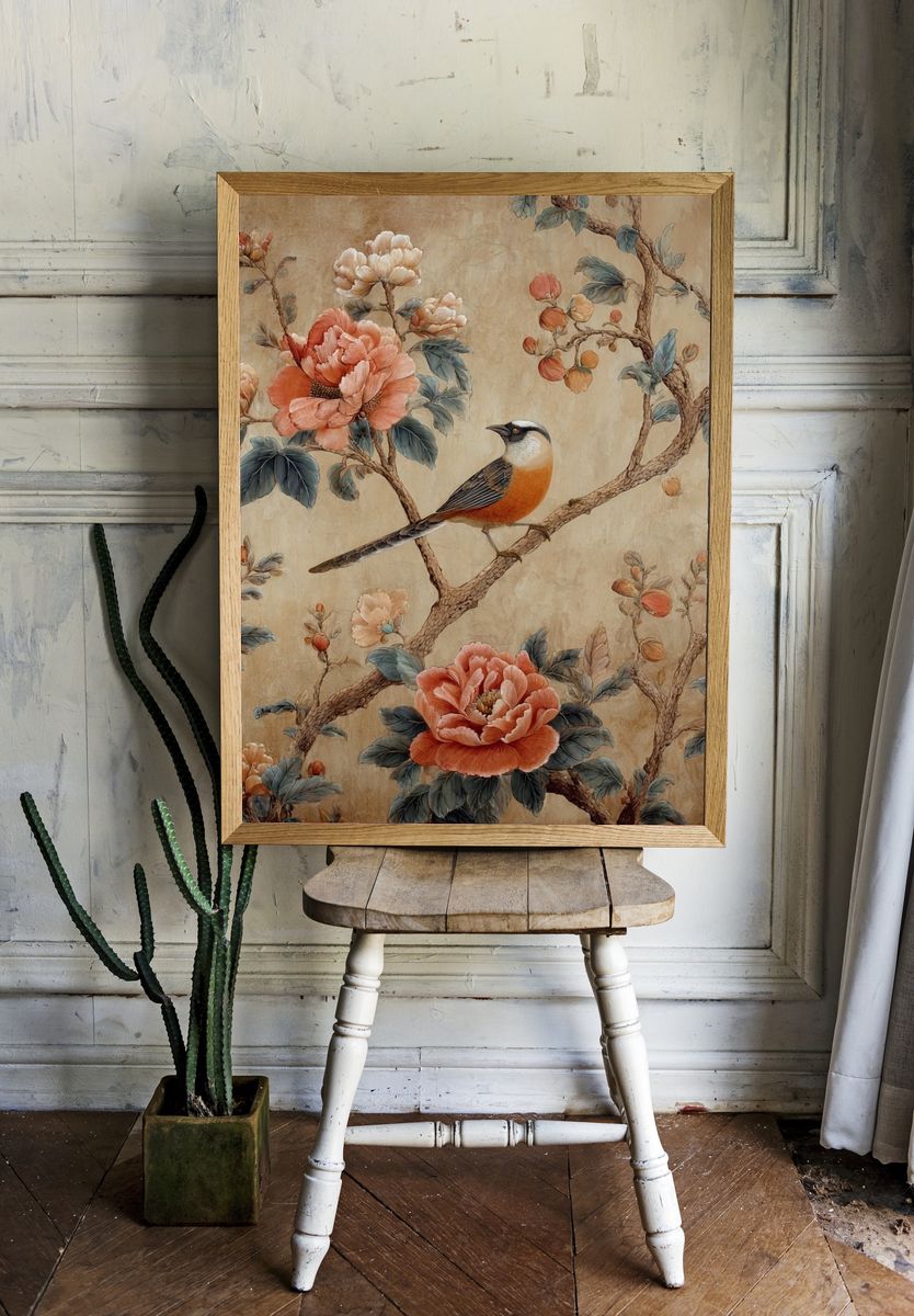 Bird and Peonies Botanical Print. room preview