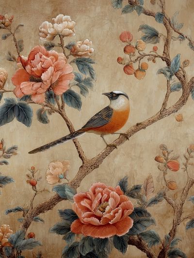 Bird and Peonies Botanical Print. poster print