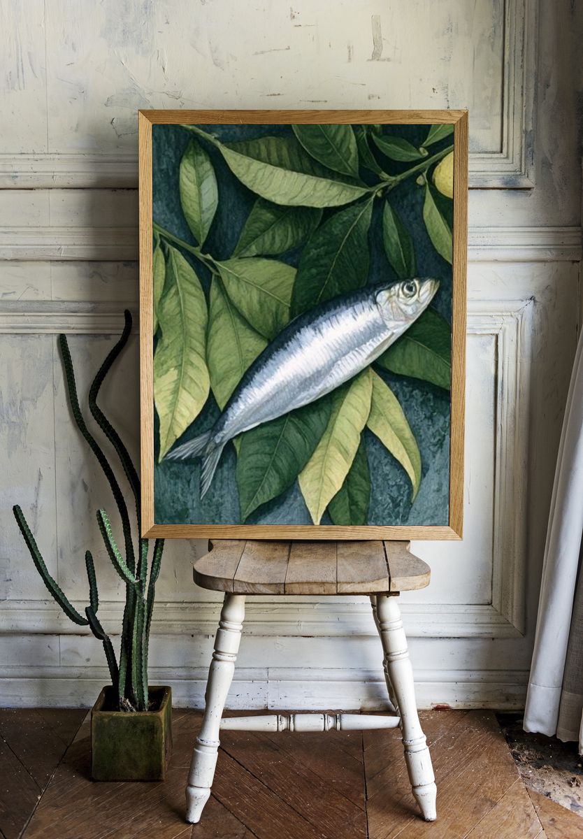 Silver Fish and Leaves Botanical Print. room preview