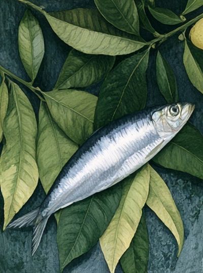 Silver Fish and Leaves Botanical Print. poster