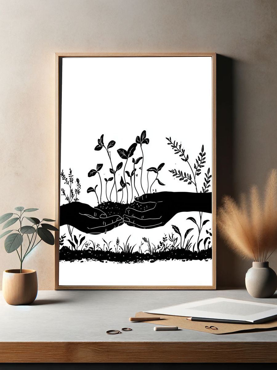Hands Nurturing Seedlings Illustration Poster. — room view 2