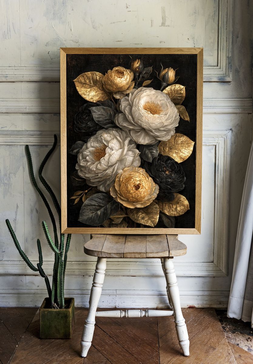 Golden Roses Botanical Print. room preview