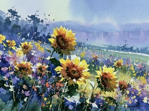 Sunflower Meadow Watercolor Print. poster detail