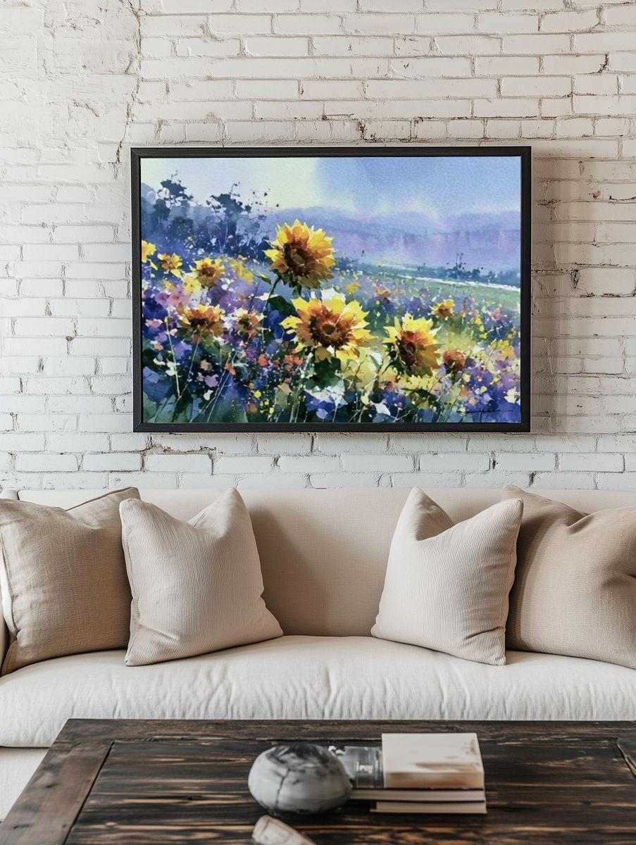 Sunflower Meadow Watercolor Print. — room view 1