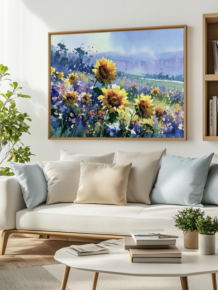 Sunflower Meadow Watercolor Print. — room view 2