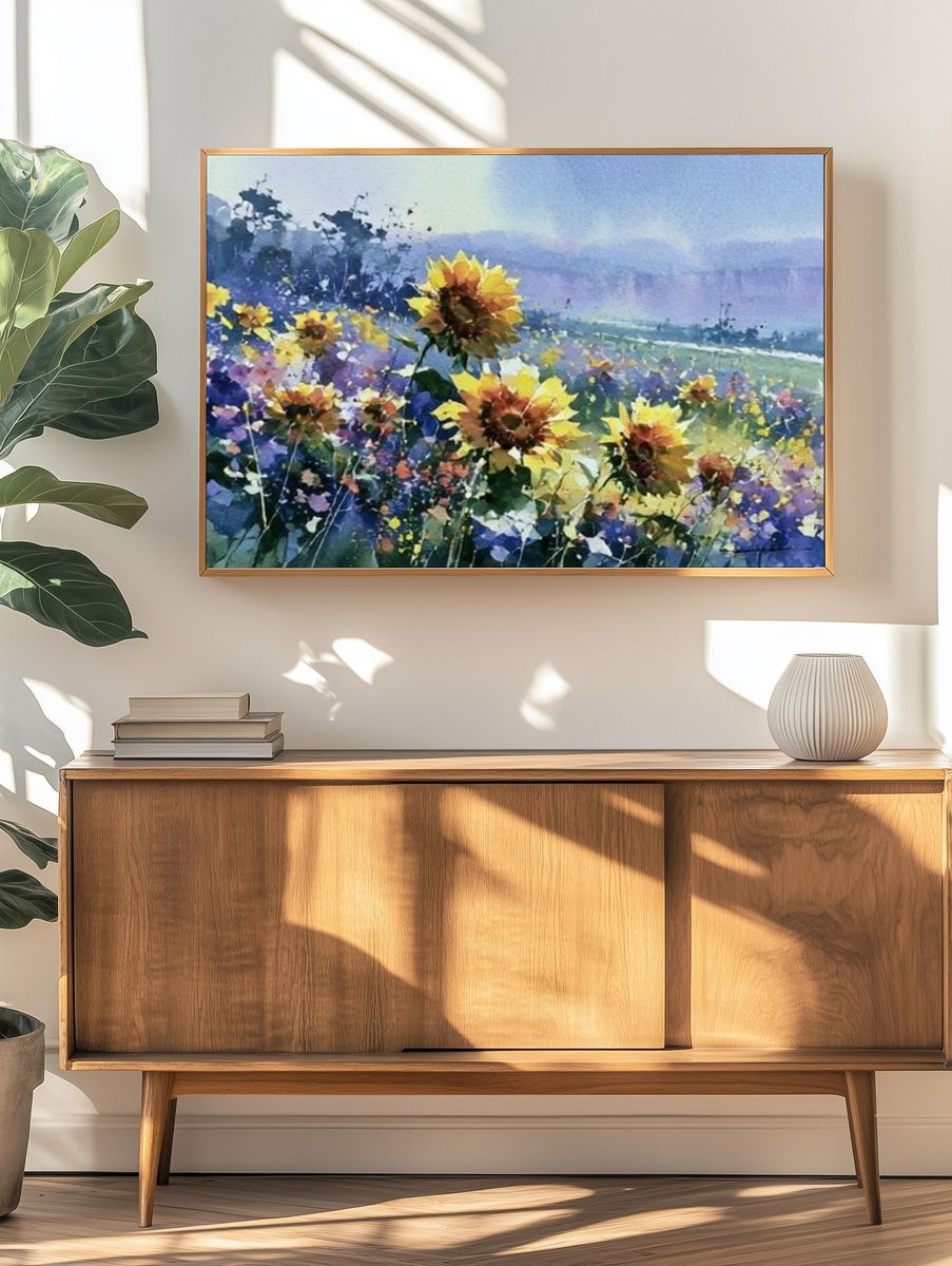 Sunflower Meadow Watercolor Print. — room view 3