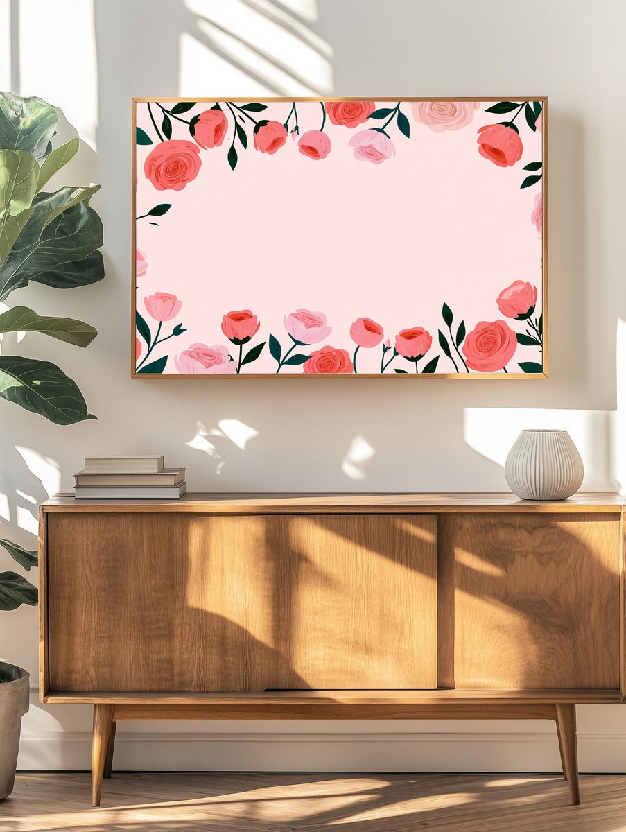 Pink Floral Border Botanical Print. — room view 3