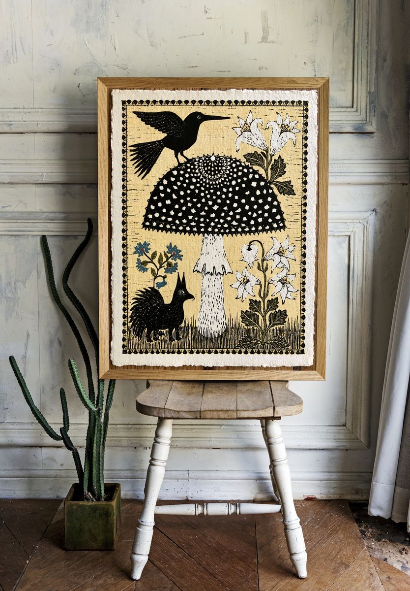 Blackbird and Lily Folk Art Poster. room preview