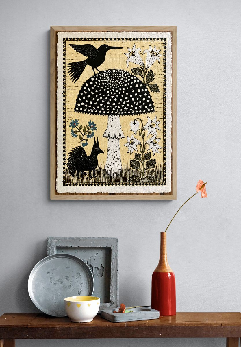 Blackbird and Lily Folk Art Poster. — room view 3