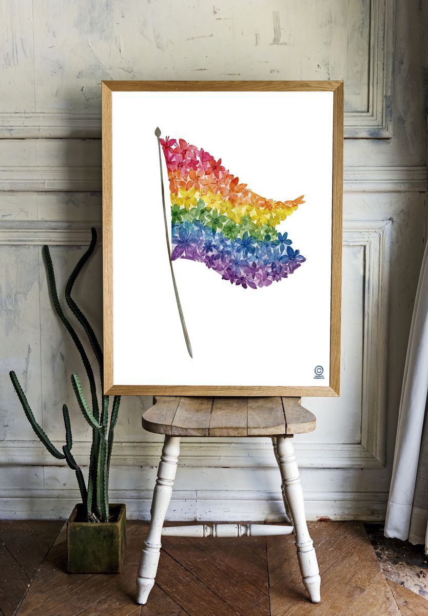 Rainbow Floral Flag Watercolor Print. room preview