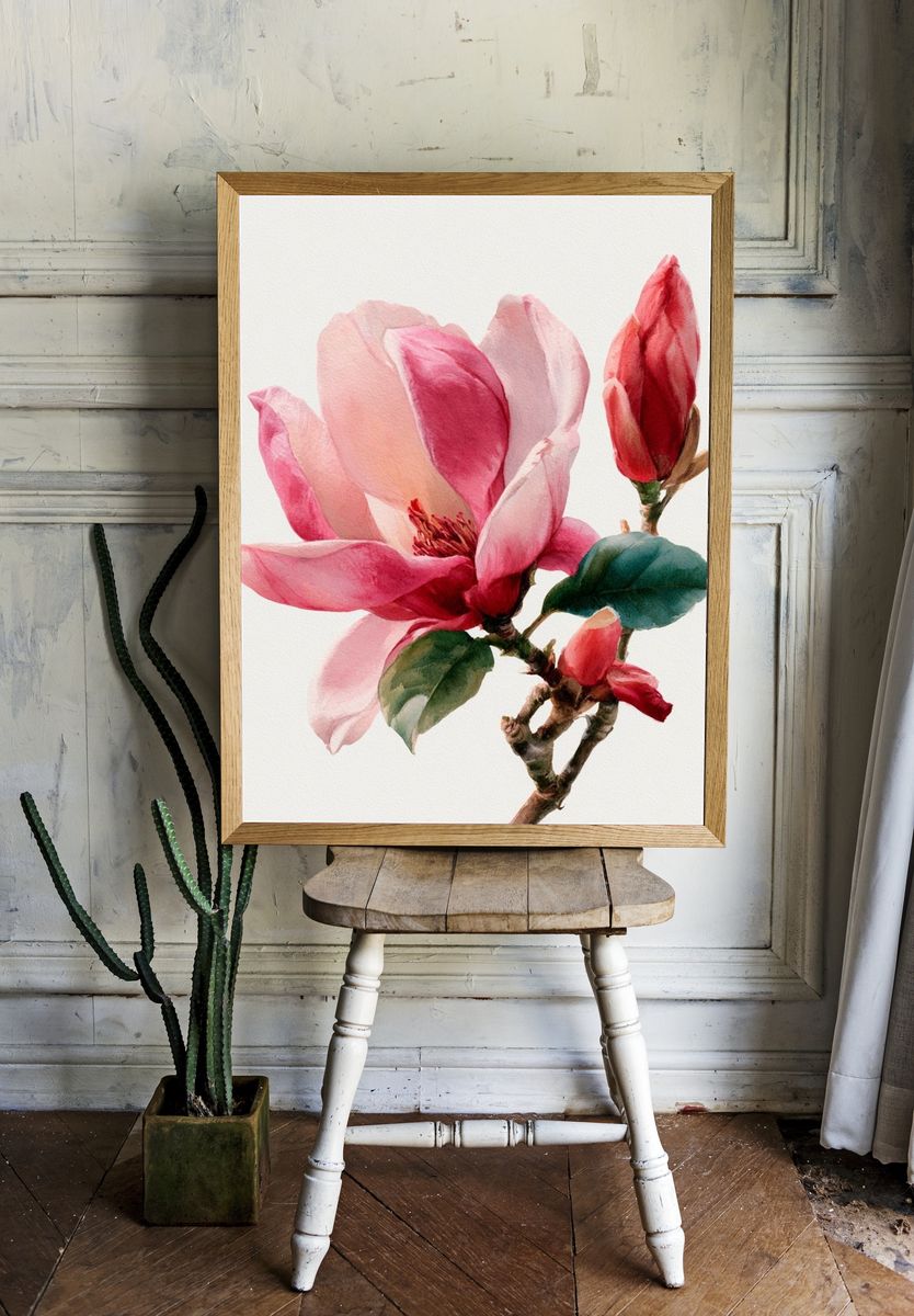Pink Magnolia Watercolor Print. — room view 1
