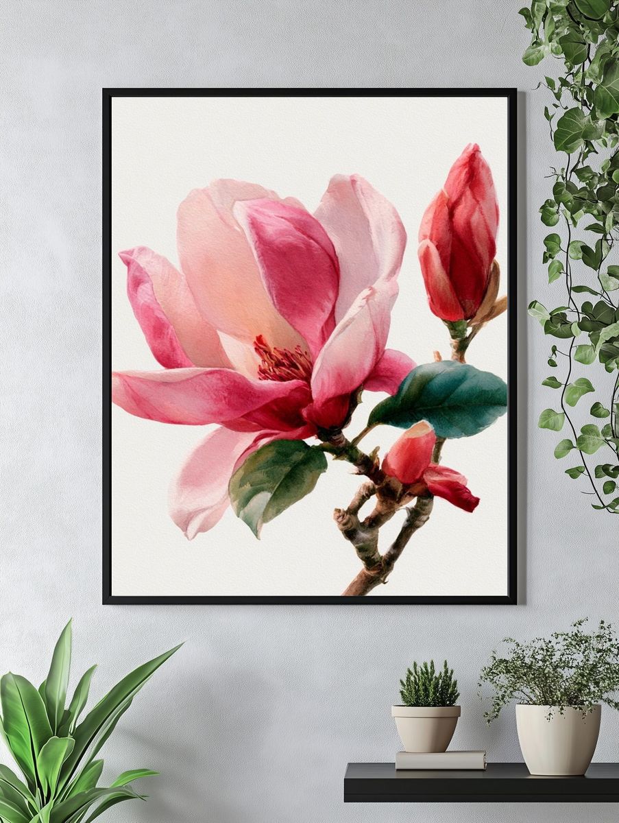 Pink Magnolia Watercolor Print. — room view 4