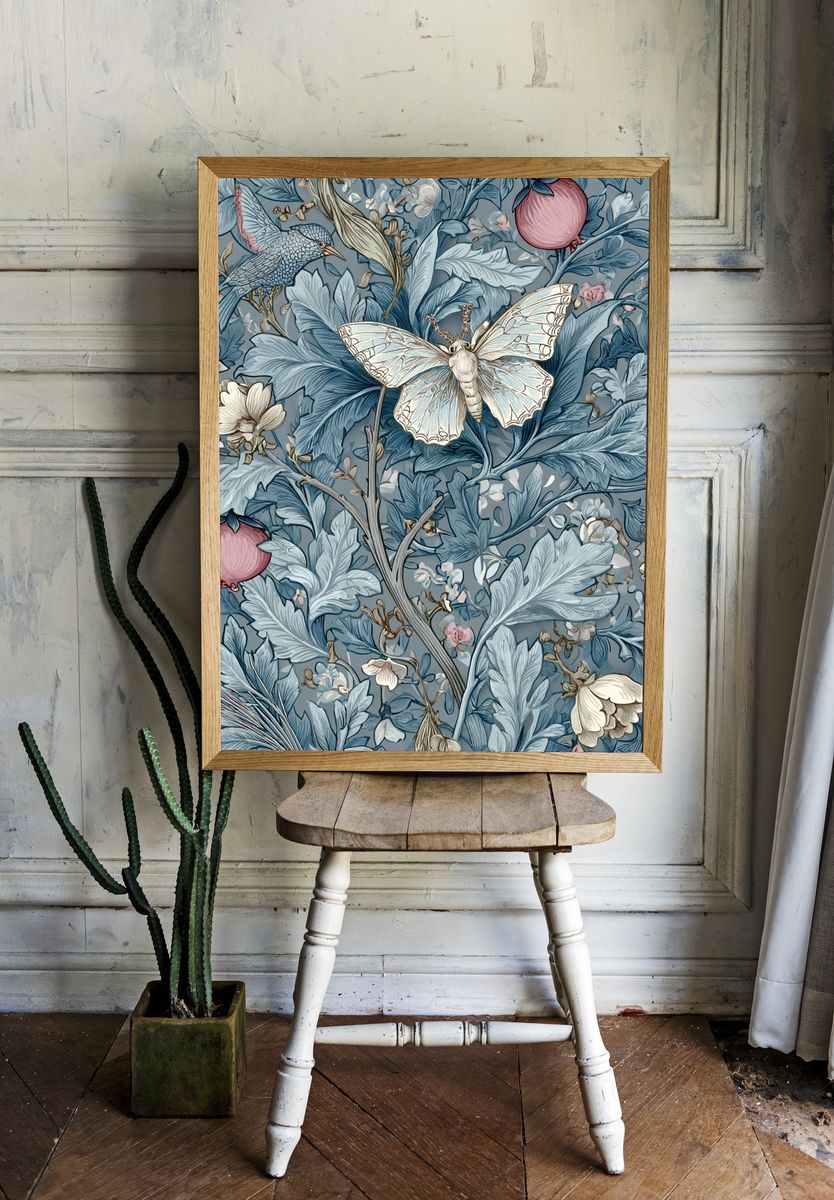 Blue Botanical Moth Poster room preview