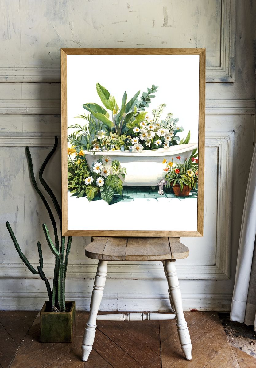 Botanical Bathtub Watercolor Poster. room preview