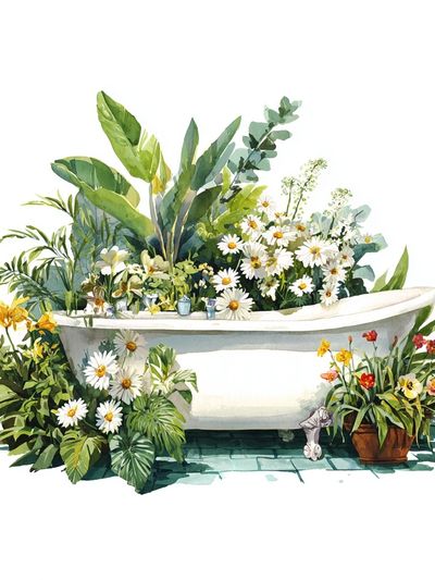 Botanical Bathtub Watercolor Poster.