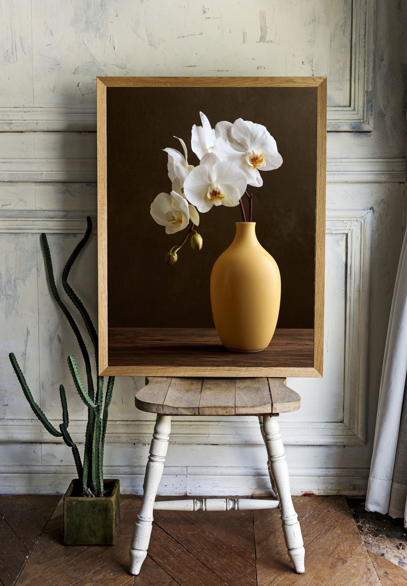 White Orchid Still Life Poster. — room view 1