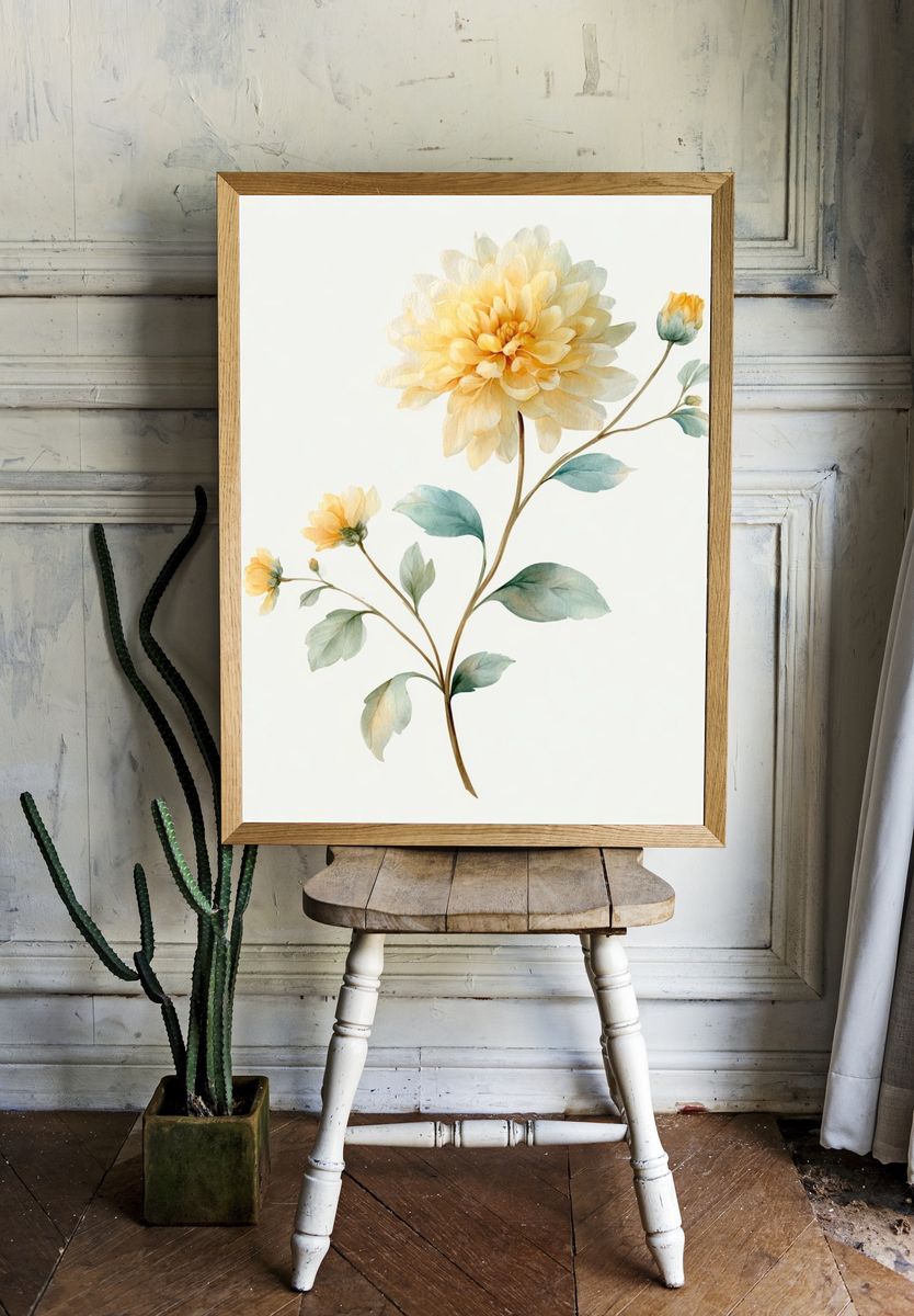 Yellow Dahlia Watercolor Print. room preview
