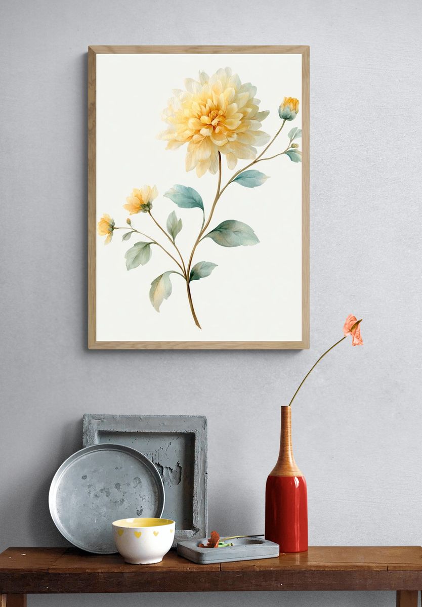 Yellow Dahlia Watercolor Print. — room view 3