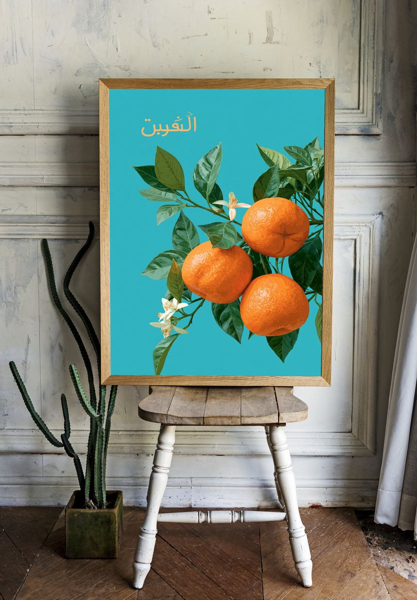 Orange Branch Botanical Print. room preview