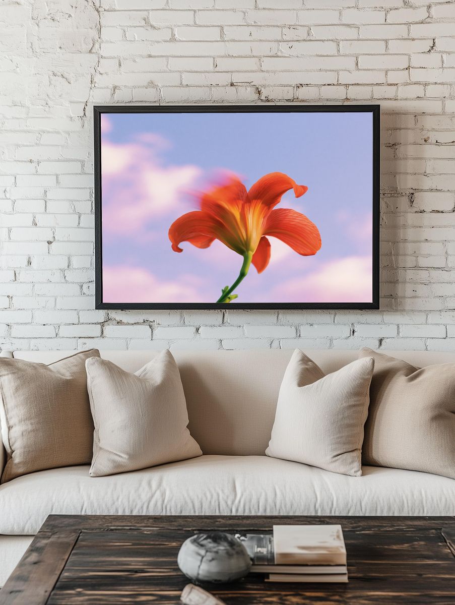 Orange Lily Bloom Botanical Print. room preview