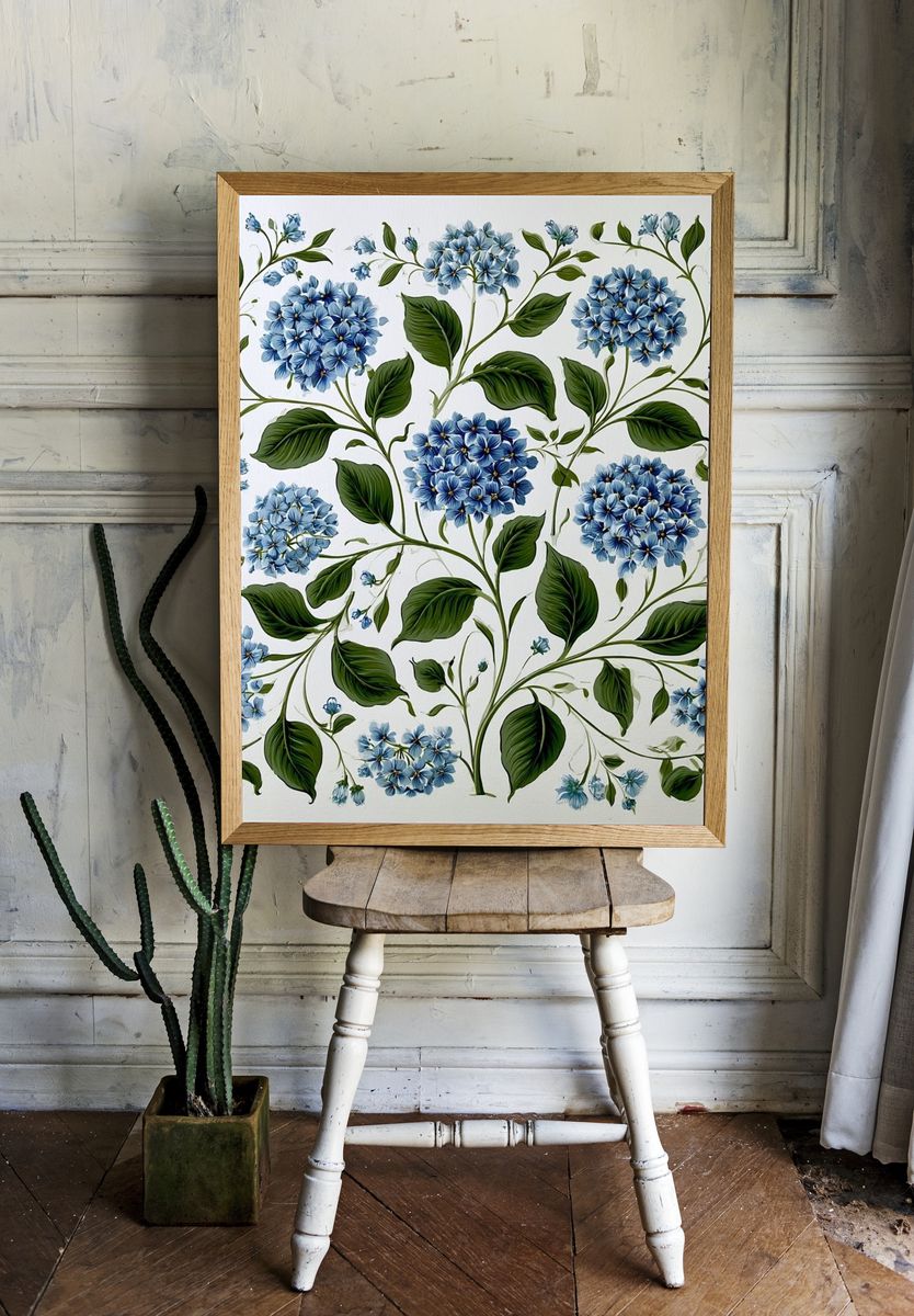 Blue Hydrangea Botanical Print. — room view 1