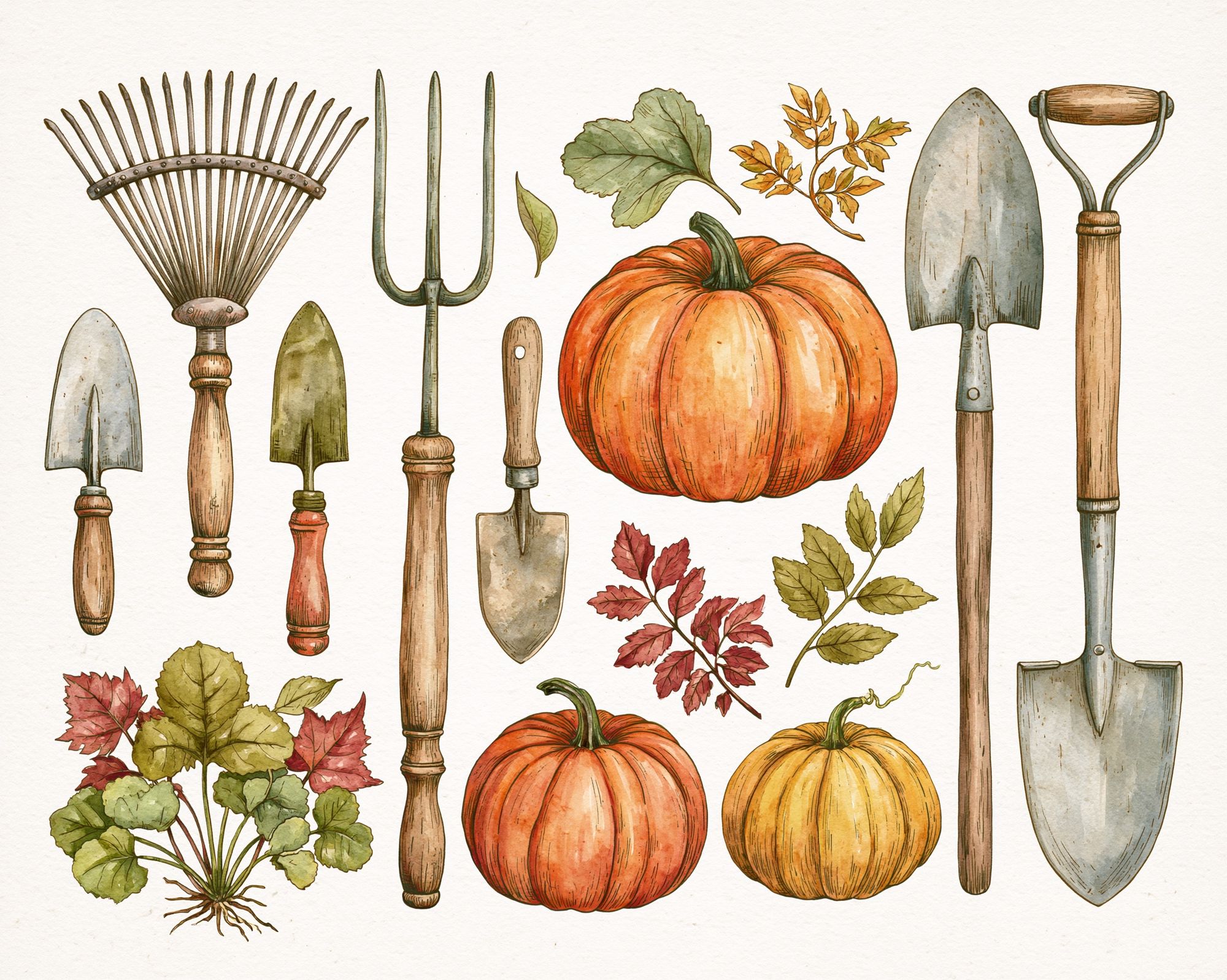 Autumn Garden Tools Watercolor Print. poster — botanical art