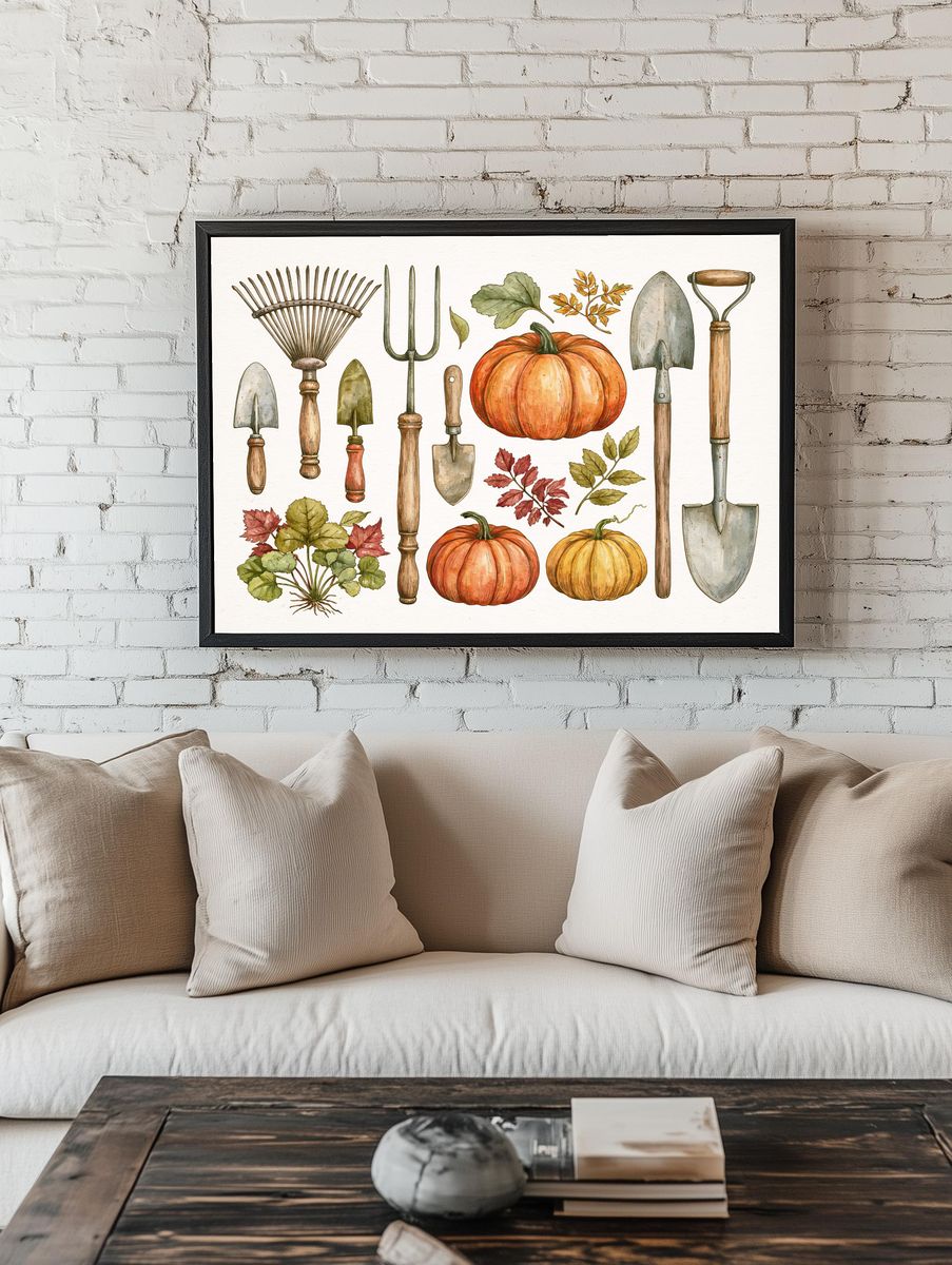 Autumn Garden Tools Watercolor Print. room preview