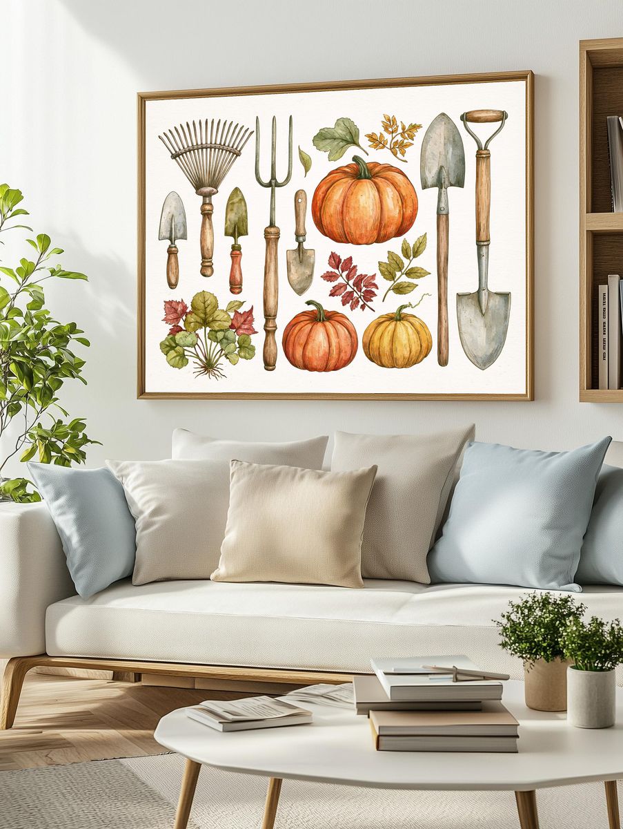 Autumn Garden Tools Watercolor Print. — room view 2
