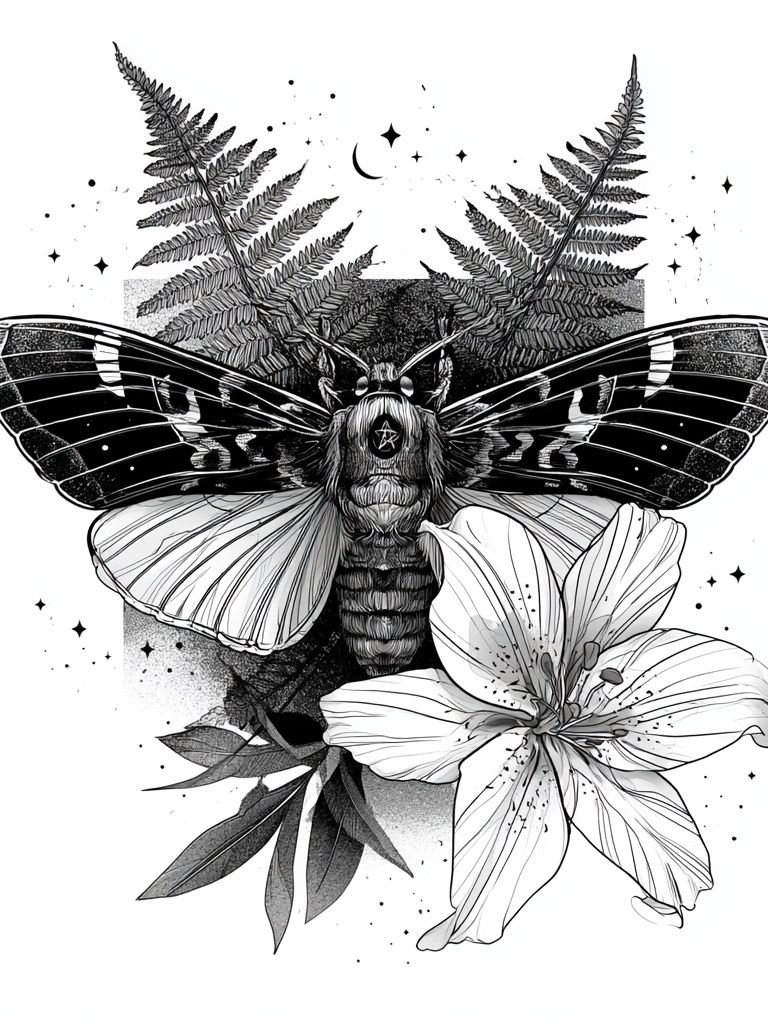 Moth and Lily Botanical Print. poster detail