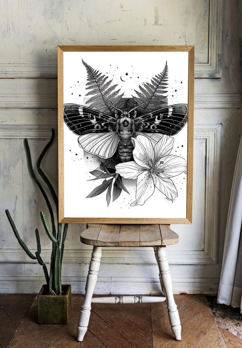 Moth and Lily Botanical Print. — room view 1