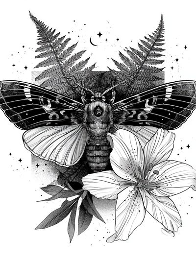 Moth and Lily Botanical Print. poster print