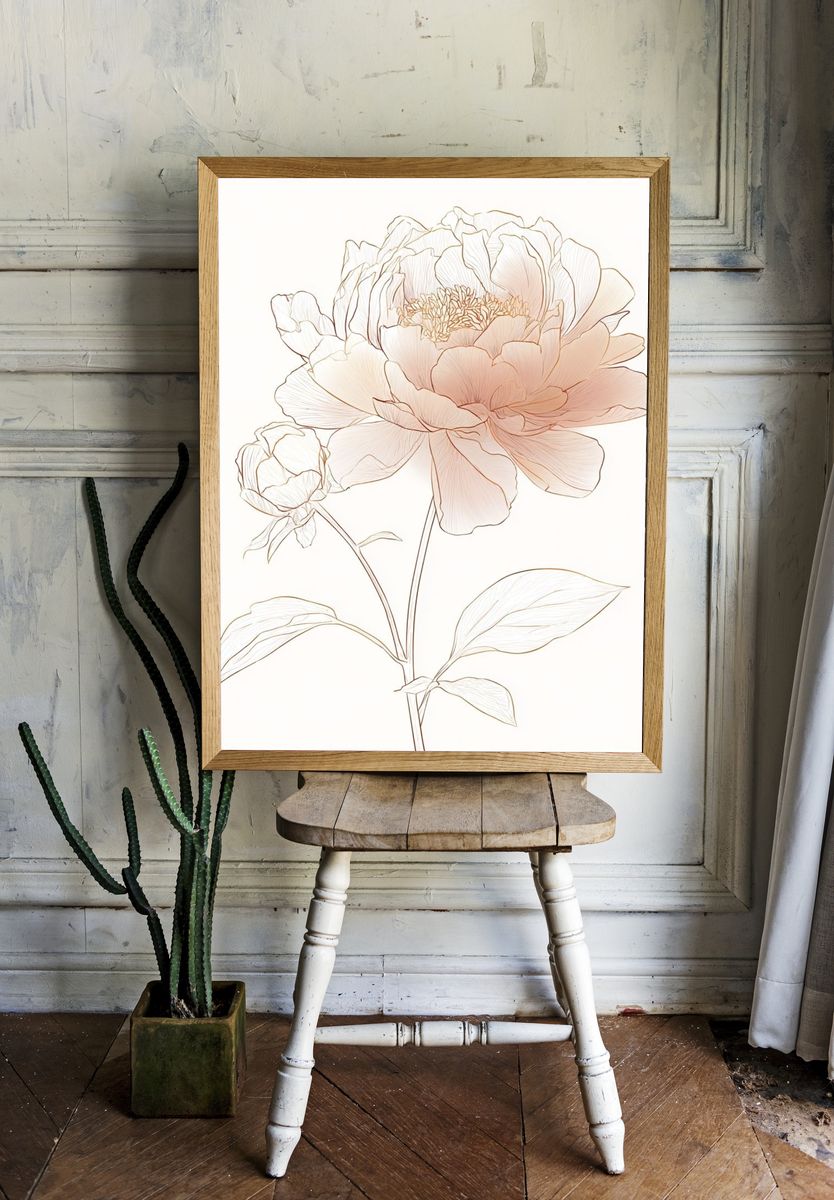 Blush Peony Line Art Print. room preview