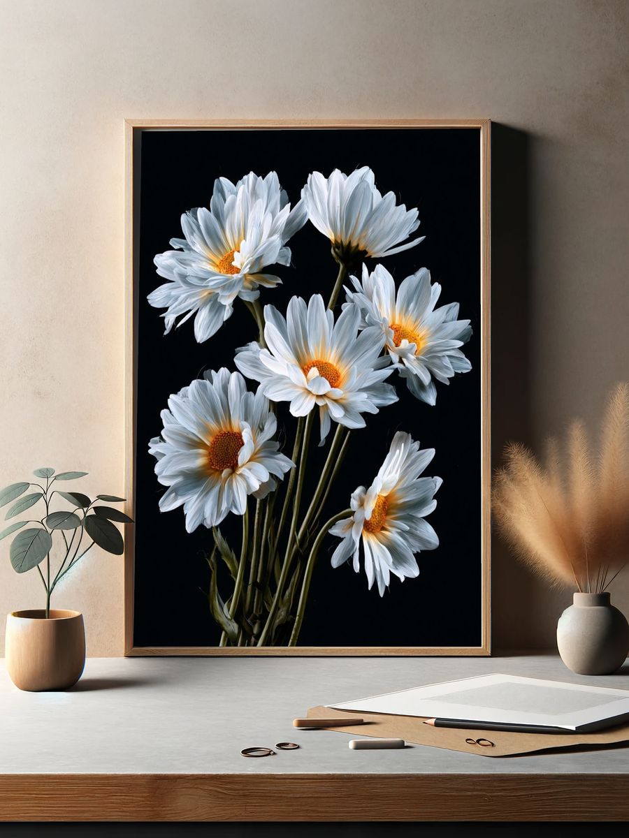 White Daisies on Black Background Poster. — room view 2