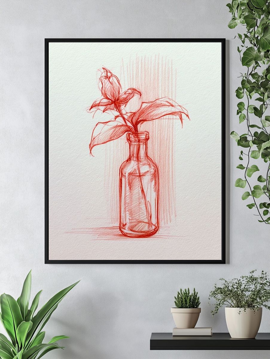 Red Botanical Bottle Sketch Poster. — room view 4