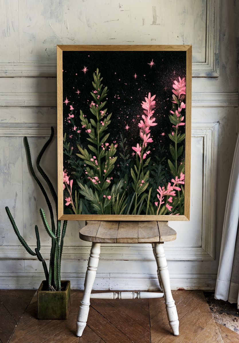 Pink Wildflowers Botanical Print. room preview