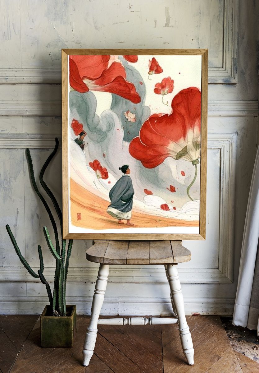 Red Poppies Watercolor Print. room preview