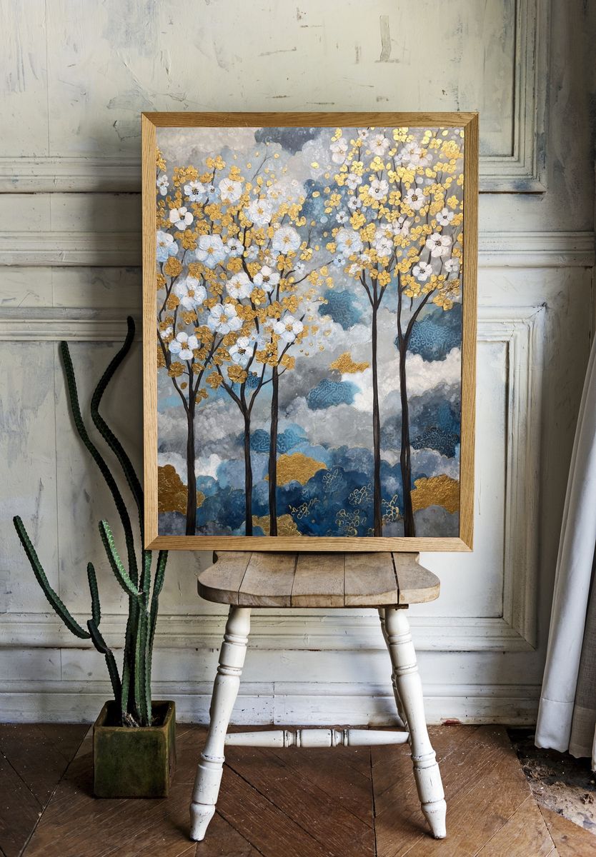 Golden Blossom Trees — Fine-Art Print. room preview