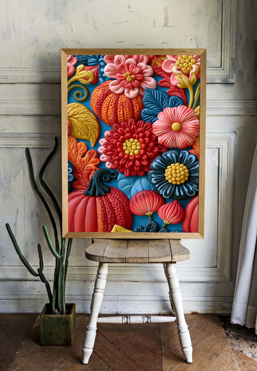 Textured Floral Relief Poster. — room view 1