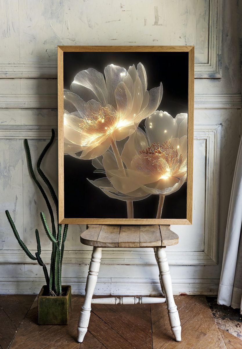 Glowing White Peonies Illustration Poster room preview
