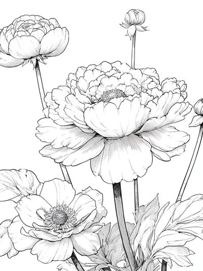 Peony Botanical Line Art Poster.