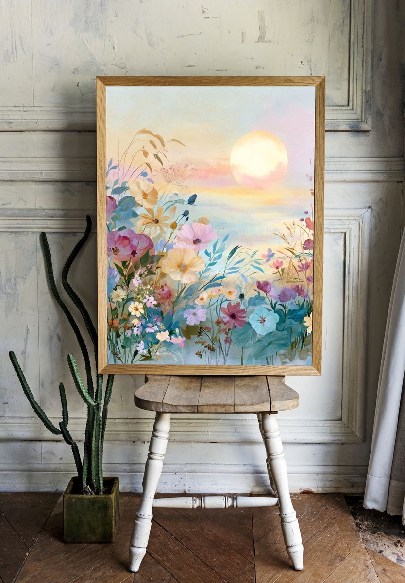 Pastel Wildflower Sunrise Print. — room view 1