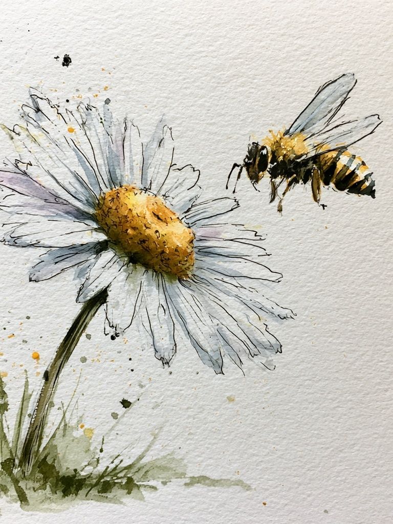 Bee and Daisy Watercolor Print. poster detail