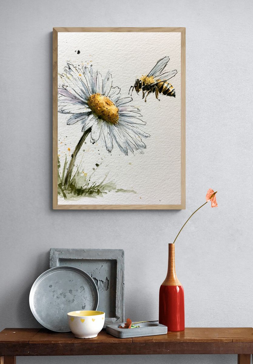 Bee and Daisy Watercolor Print. — room view 3