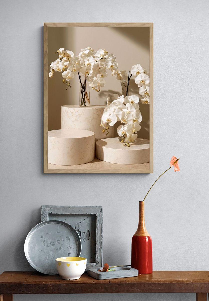 White Orchids Still Life Print. — room view 3