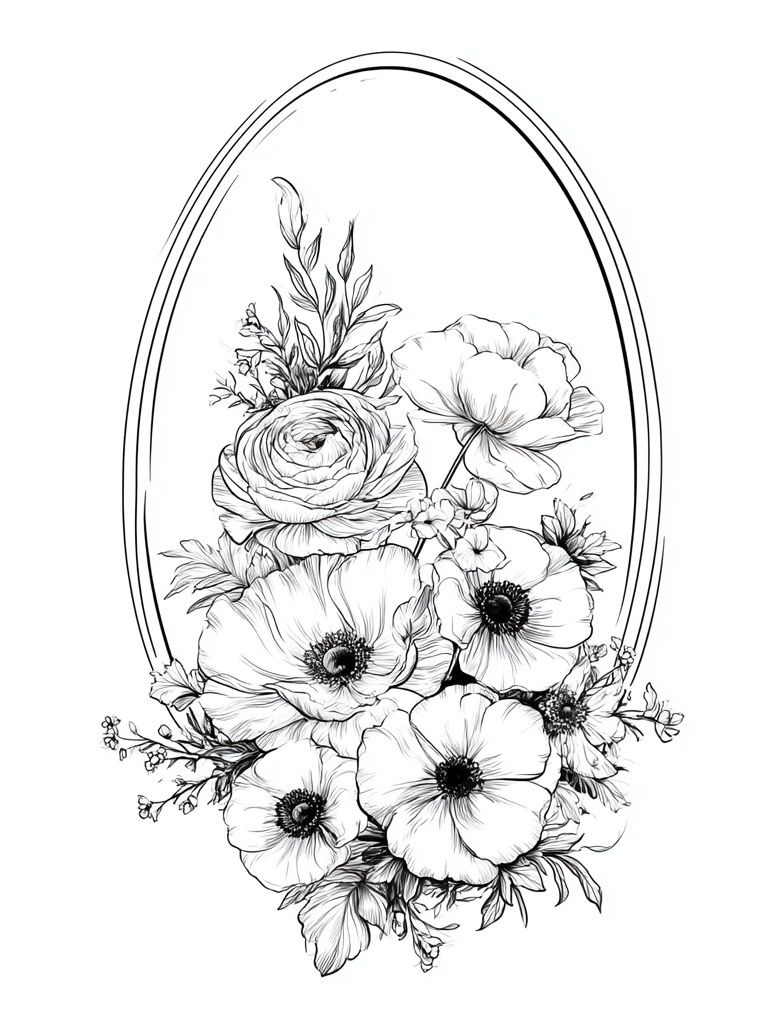 Floral Oval Line Art Poster. poster — botanical art